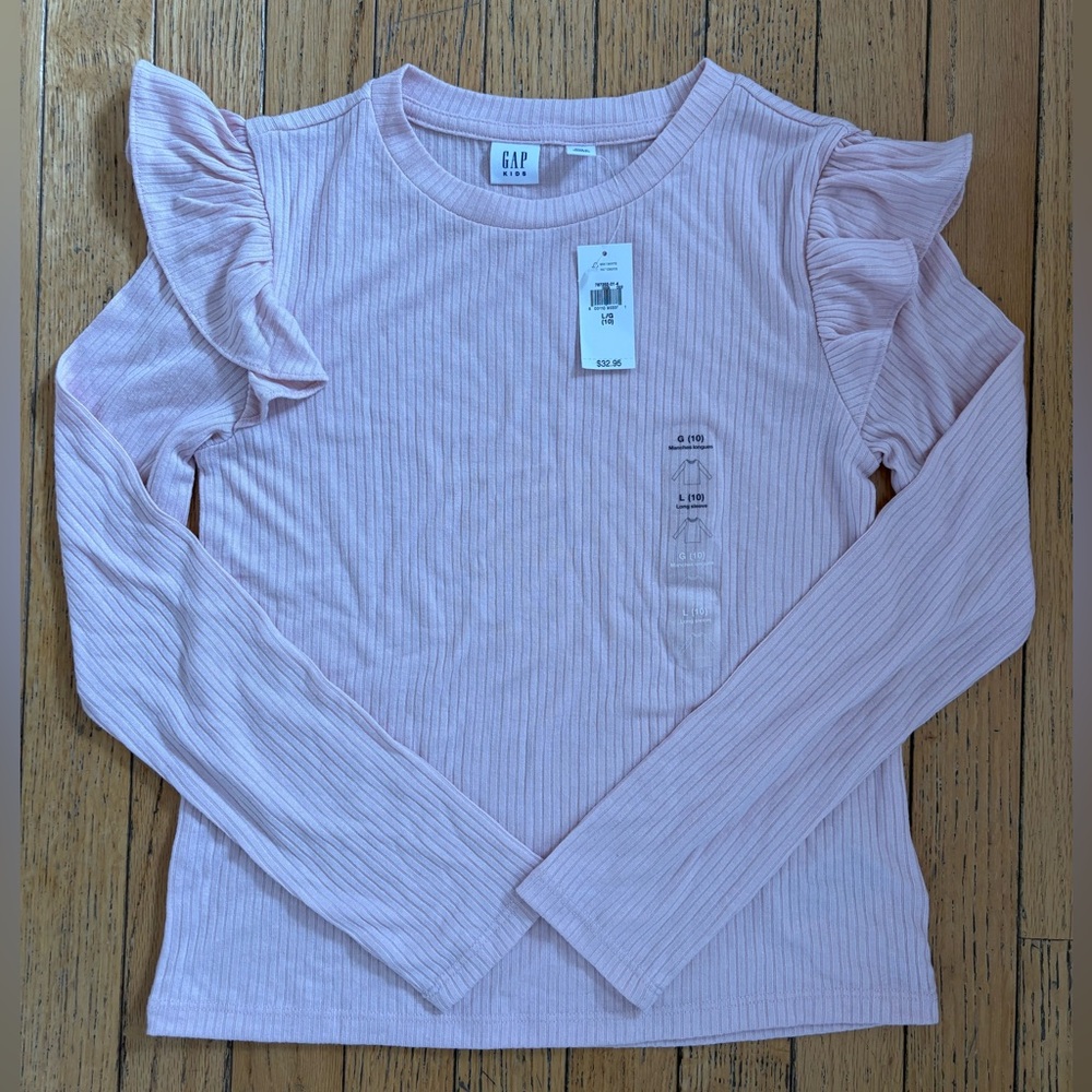 NWT GAP softspun Kids Blush Pink Ruffle Long Sleeve Top Size Large (10)